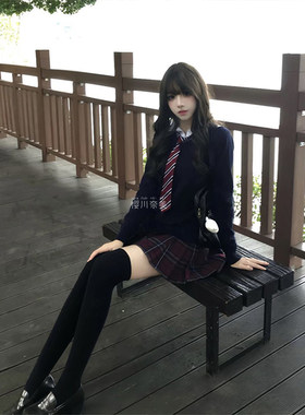 JK制服高校学姐西装单排西服外套女秋冬款毛衣jk针织开衫格裙套装