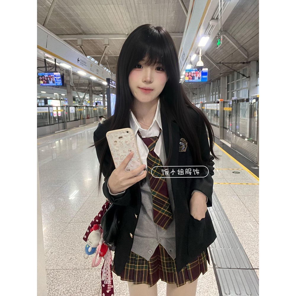 学院风JK制服三粒扣黑色西装秋冬高校学姐西服外套jk格裙短裙套装