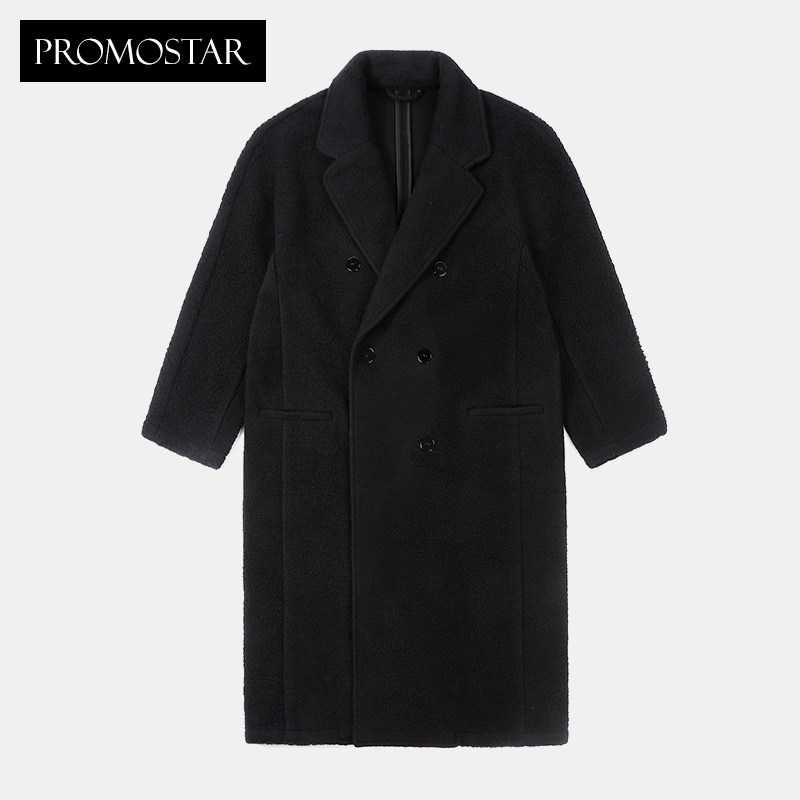 高级感黑色直筒女士毛呢外套中长款双排扣西装领赫本风羊羔毛大衣