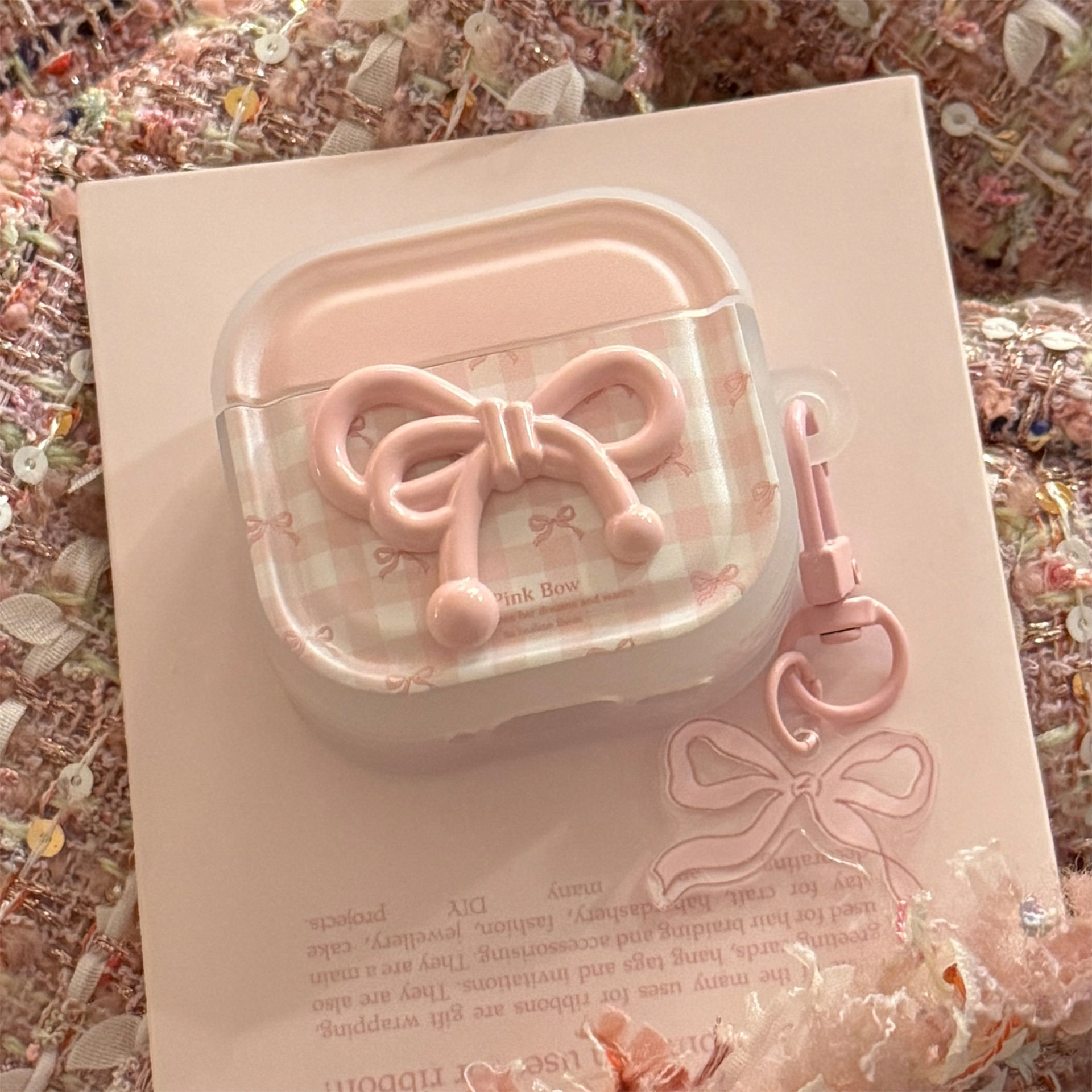 粉色蝴蝶结挂件适用AirPods保护套Pro保护壳AirPods3耳机套苹果airpods2二代三代四代防摔蓝牙硅胶软壳少女心