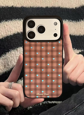 鎏金蓝爱心复古格子适用iPhone17promax苹果16pro手机壳15硬14防摔13黑色边12华为Mate60外壳P70Ultra高级感