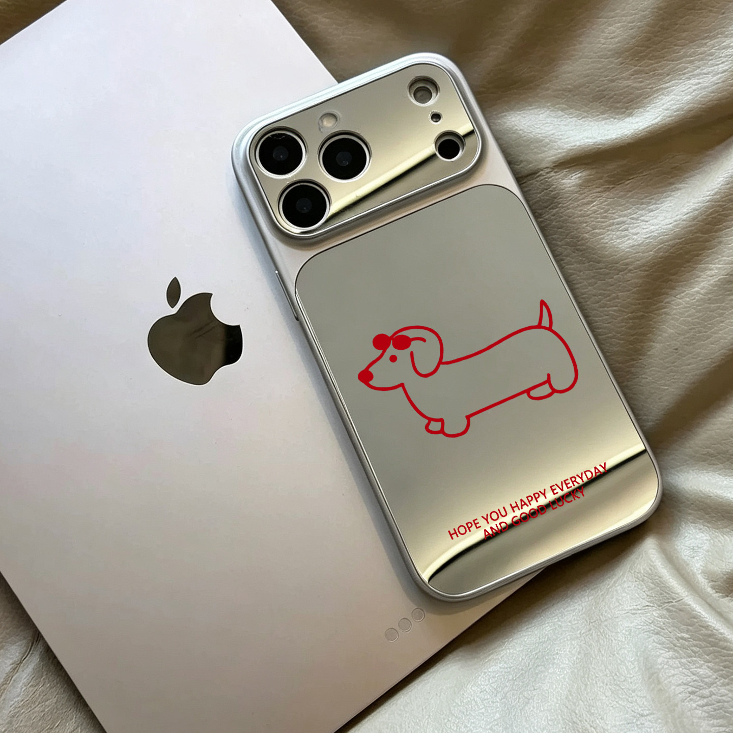 韩国博主ins线条腊肠狗适用iPhone17pro苹果16手机壳15promax镜面14少女补妆13大视窗高级18PROMAX小众保护套