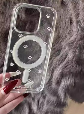 ins风可爱露思同款白色小猫爪适用iphone16promax苹果15手机壳14亚克力磁吸13防摔12/17pro透明11保护套女款