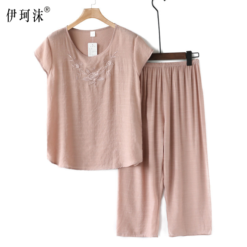 中老年人睡衣套装女夏季棉麻宽松妈妈短袖夏装老人薄款棉绸家居服
