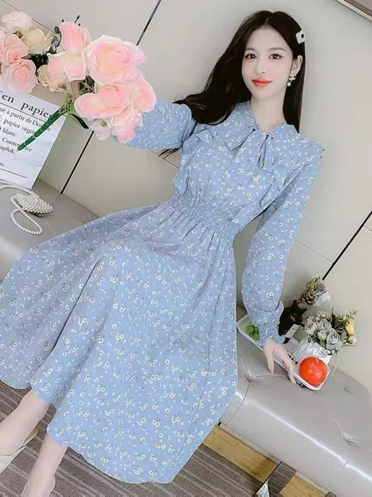 雪纺碎花连衣裙子春秋夏季2023年新款女长袖法式气质别致高端精致