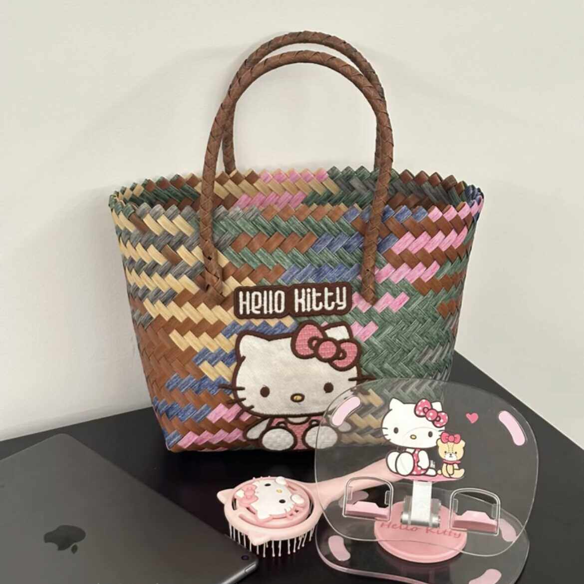 hellokitty菜篮子编织包饭盒手提袋手提小包饭盒包上班杂物小拎包