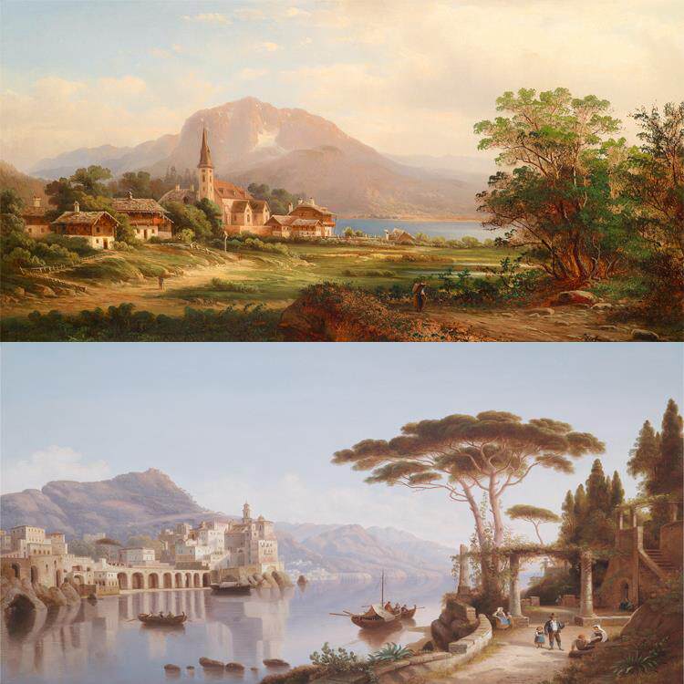 高清微喷绘欧式古典山水聚宝盆风景油画壁画横版挂画