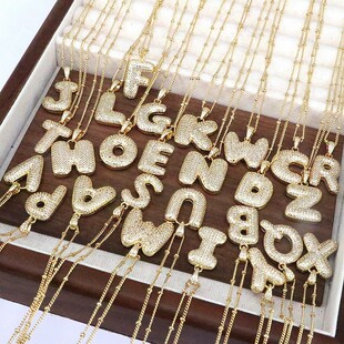 跨境热卖瓜子扣胖字母26个英文字母吊坠项链女气质百搭镶锆石镀金