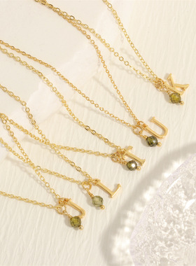 跨境饰品 26英文字母项链女创意优雅气质多色宝石吊坠镀金锁骨链