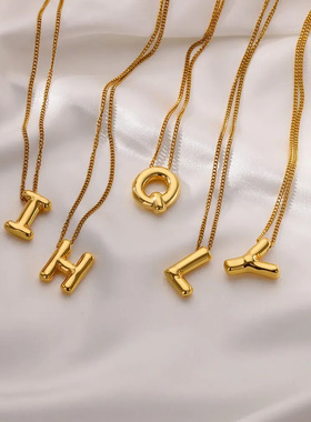 欧美时尚跨境不锈钢26字母项链字母气球3D字母首字母镀金吊坠项链