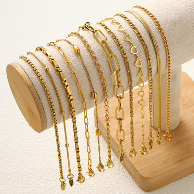 12pcs女士时尚不锈钢手链优雅奢华女士珠宝套装镀18K真金钛钢手链