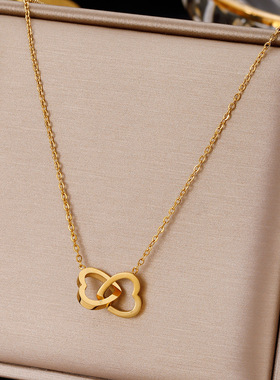 日韩极简钛钢双扣爱心项链女 不锈钢心连心双环锁骨链百搭防掉色