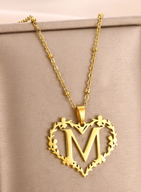 欧美新款心形镂空字母吊坠项链爱心花边大写字母姓氏名字男女项链