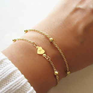 跨境热卖2条装A-Z初始字母手链26个英文铜爱心腐刻镀金珠珠手链女