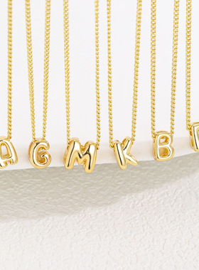 跨境新款光面泡泡字母黄铜镀18K金吊坠ins简约锁骨水晶名字项链