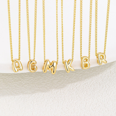 跨境新款光面泡泡字母黄铜镀18K金吊坠ins简约锁骨水晶名字项链