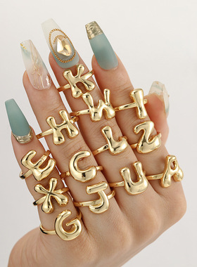 跨境热卖个性嘻哈26个英文字母18K光面金色戒指开口戒可调节指环