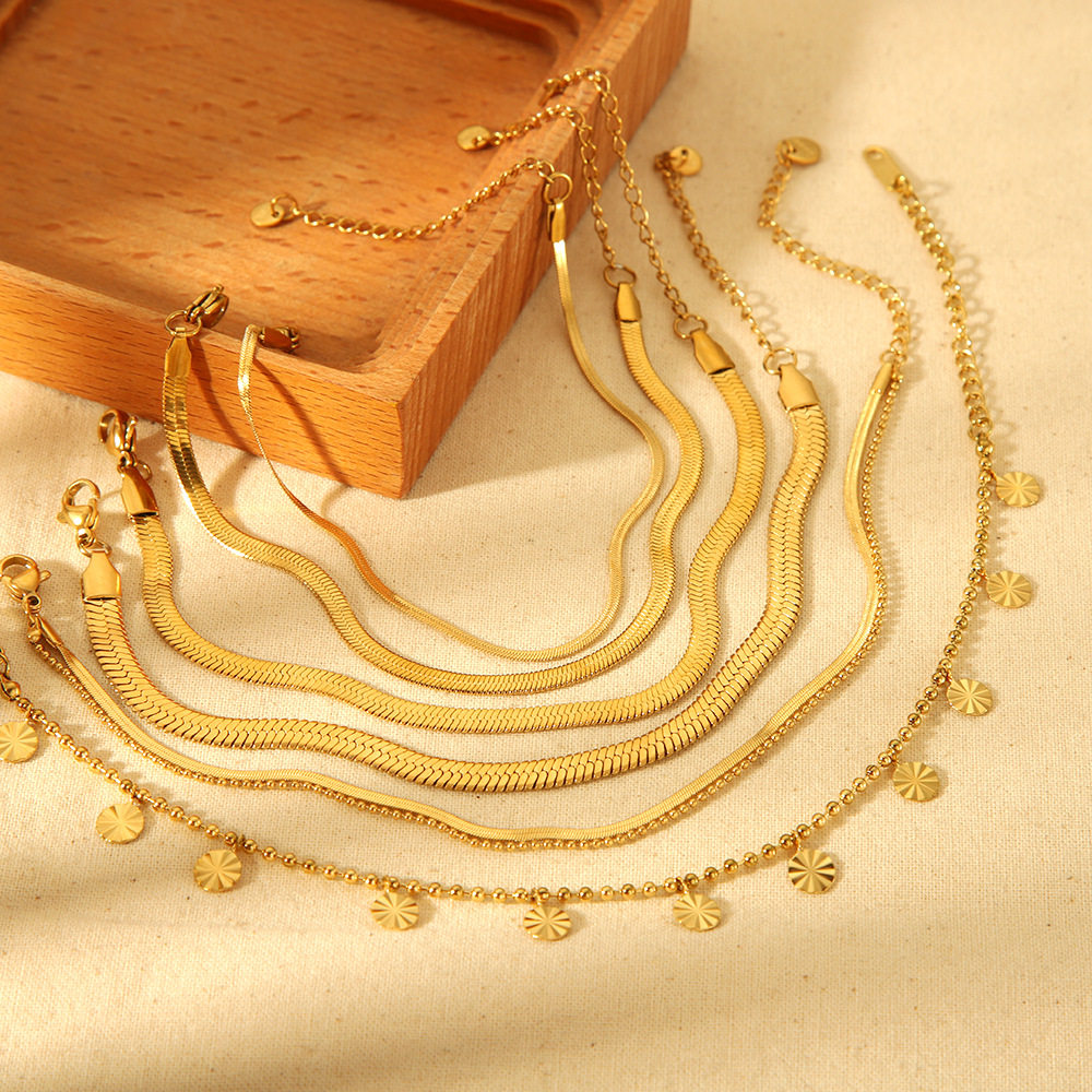 跨境基础款扁蛇链珠链不锈钢脚链镀18k金防水脚饰ins高级感饰品女