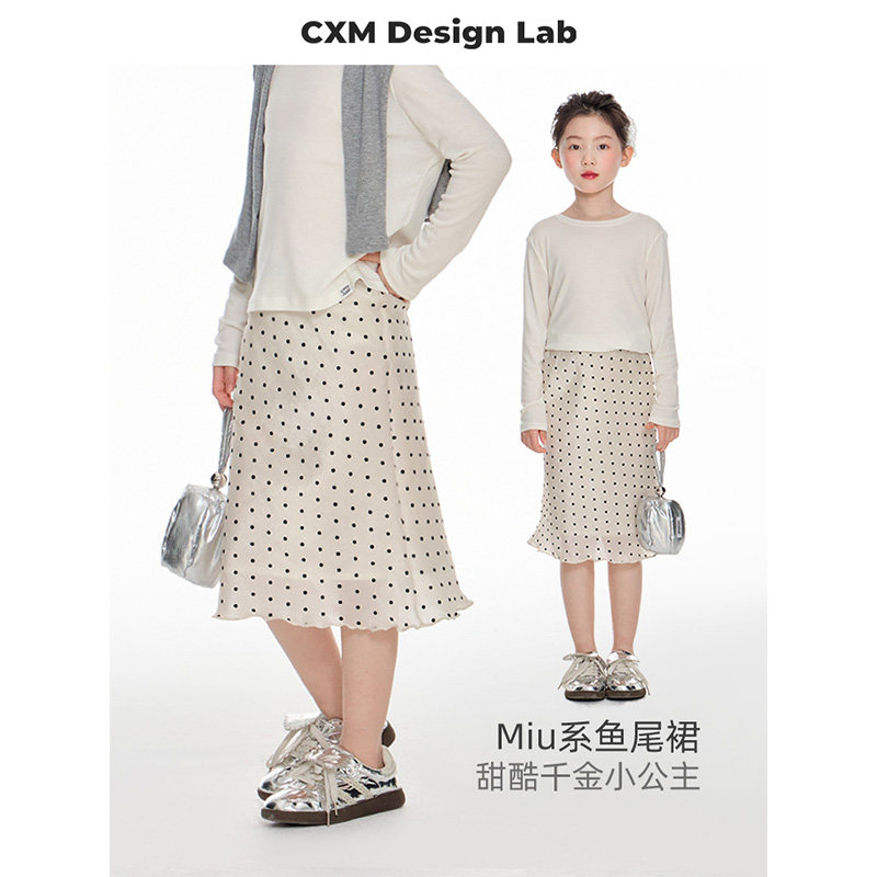 女童miu系波点鱼尾裙2025夏季新款儿童高腰气质半身长裙花边裙子