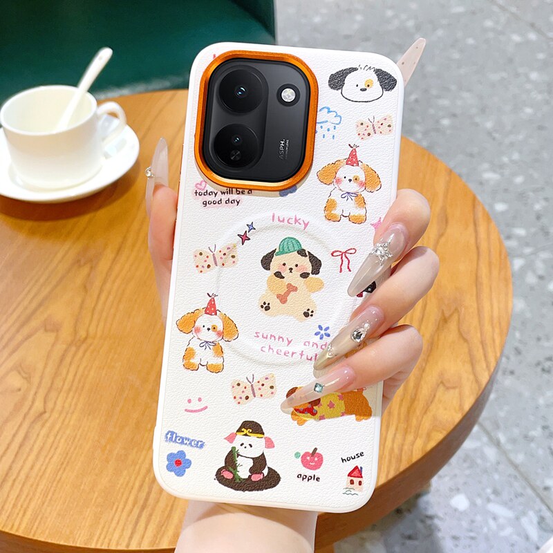 ins风适用vivoY500i手机壳磁吸皮纹卡通围脖熊iQOOZ11保护套全包防摔iQOOZ11X创意腊肠狗图案彩绘