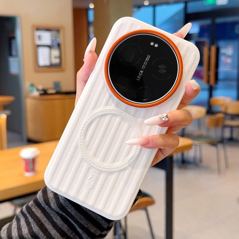 高级金甲纯色适用小米17Ultra手机壳瓦楞皮纹磁吸15Ultra保护套全包防摔硅胶软边14Ultra橙金属镜头按键