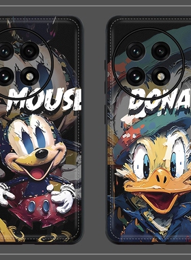 黑色涂鸦米奇适用一加13手机壳皮纹oneplus13保护套全包防摔1+12创意唐老鸭情侣oneplus12个性定制