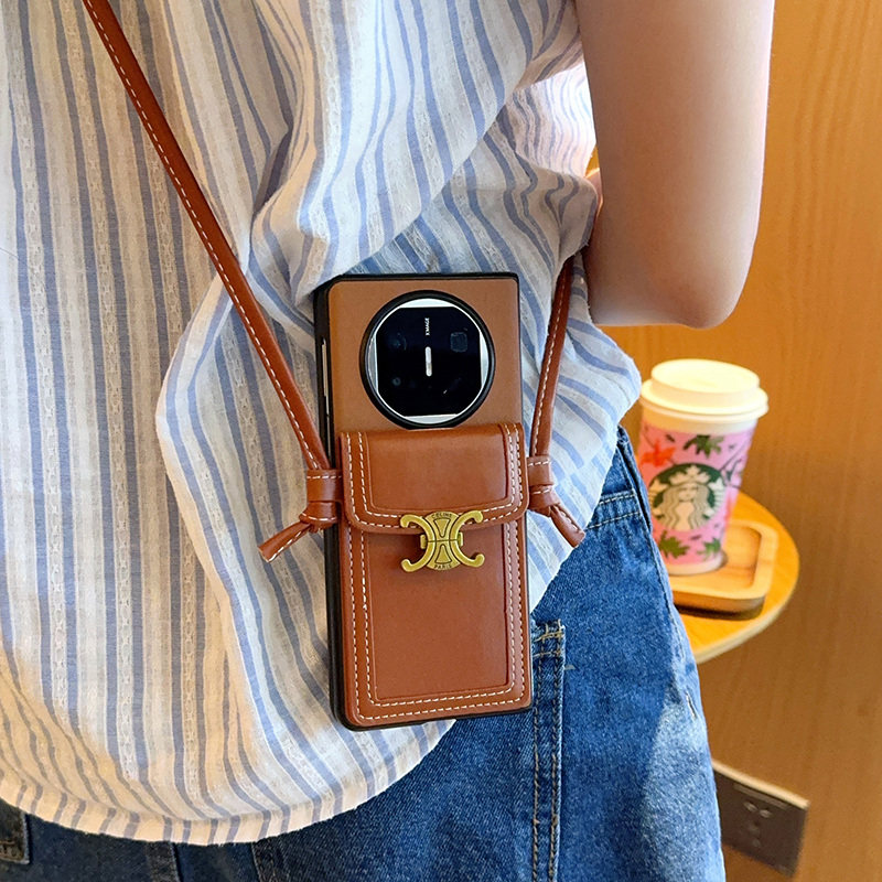 适用华为mateX6折叠机手机壳皮纹轻奢女款mateX6保护壳防摔高级感棕金属标卡包ins风mateX6斜挎背带挂绳