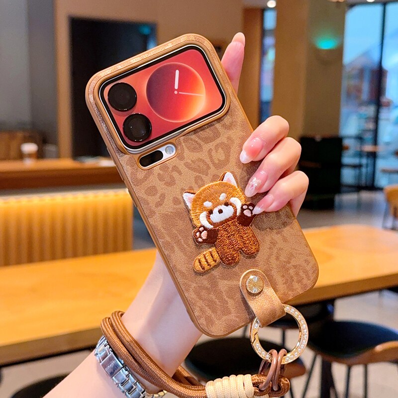 美拉德系适用小米17Pro手机壳皮纹卡通刺绣猫小米17promax保护壳创意复古棕挂绳小米17软壳全包防摔豹纹