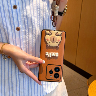 适用realme真我GT7Pro手机壳皮纹卡通可爱水豚真我GT7Pro保护壳创意复古棕色皮质GT7Pro全包防摔轻奢手提挂绳