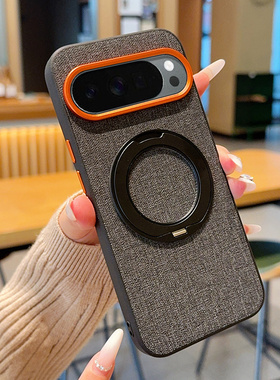 圆形旋转支架适用谷歌Pixel10ProXL手机壳磁吸高级布纹Pixel10保护套全包防摔硅胶软边Pixel10a布纹质感纹理