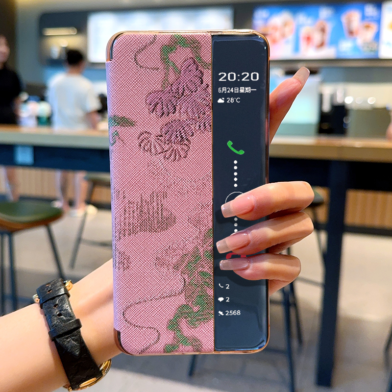 适用华为mate70手机壳皮纹创意轻奢商务mate60Pro保护套千鹤少女粉mate70Pro+新款翻盖皮套高档ins风