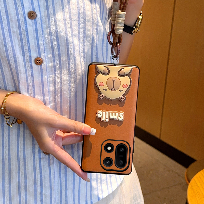 适用一加15手机壳皮纹卡通可爱水豚一加15保护壳创意复古棕色皮质1+15全包防摔轻奢手提挂绳ins风