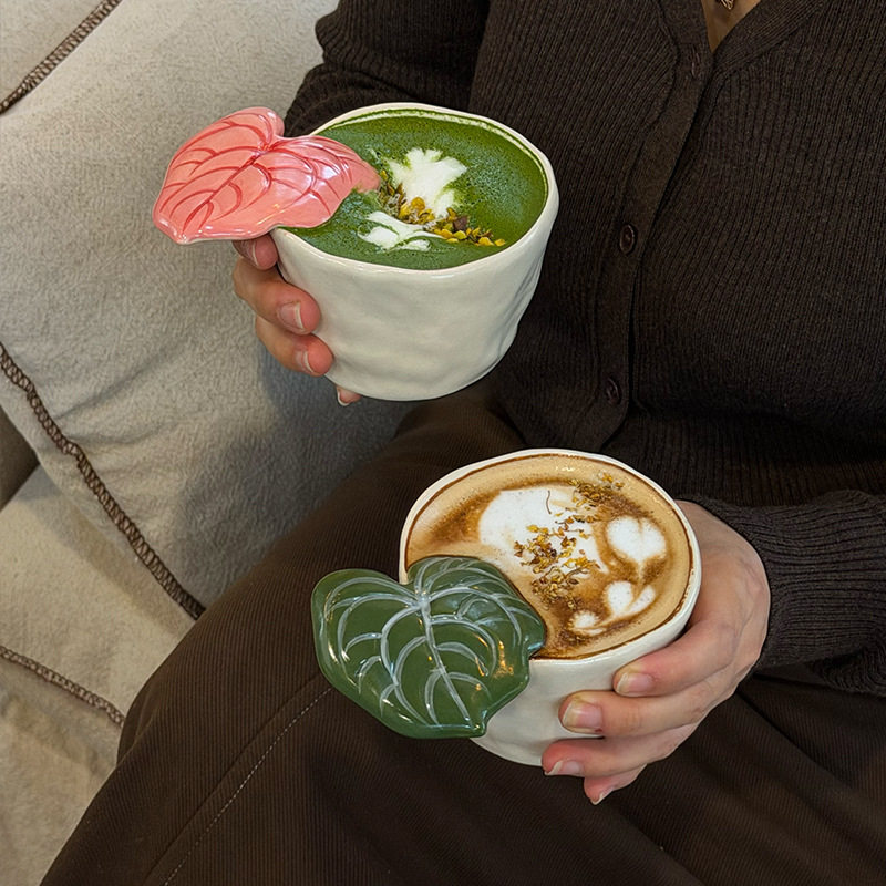 创意咖啡杯叶子装饰陶瓷咖啡杯马克杯个性手绘叶子马克杯水杯送礼