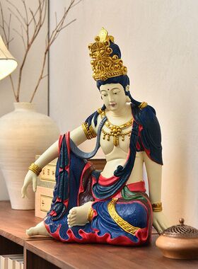 中式水月自在观音菩萨摆件佛像雕塑禅意中国风高端茶室玄关装饰品