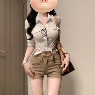 收腰衬衣短款 纯欲polo领长袖 辣妹性感修身 衬衫 白色翻领上衣 女夏季