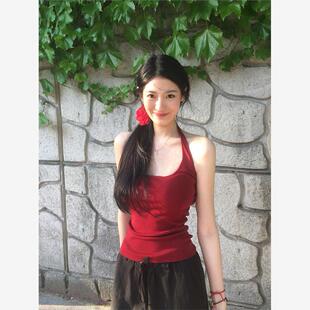 设计感小众外穿针织背心纯欲挂脖上衣高级感 红色港风小吊带女夏季