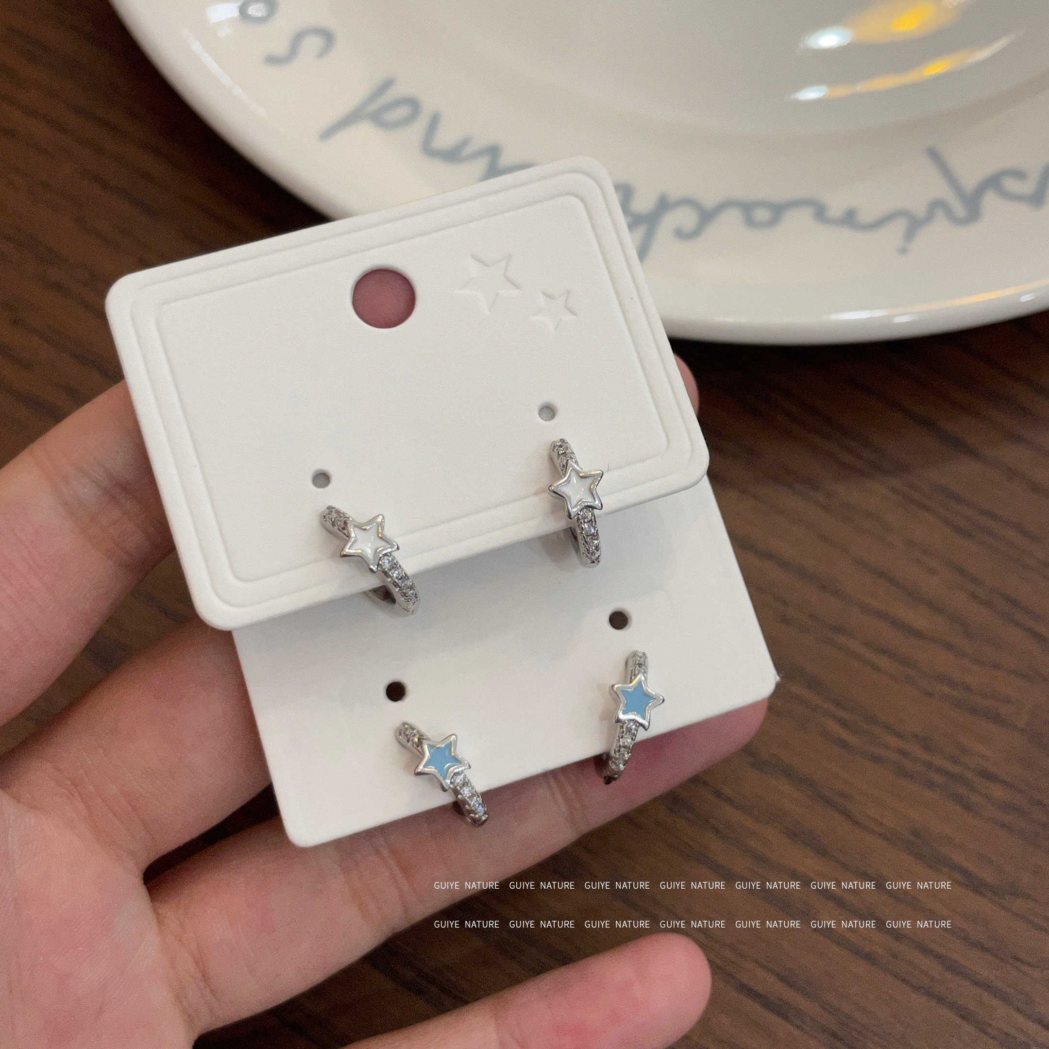 归野简约蓝色滴釉星星耳环耳扣