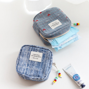 蓝色牛仔布面料简约方形姨妈巾收纳包便携式随身卫生巾月事包拉链