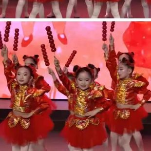 网红款 幼糖芦舞蹈儿童打鼓中梦演新年旦儿园冰葫服喜庆服国娃出服