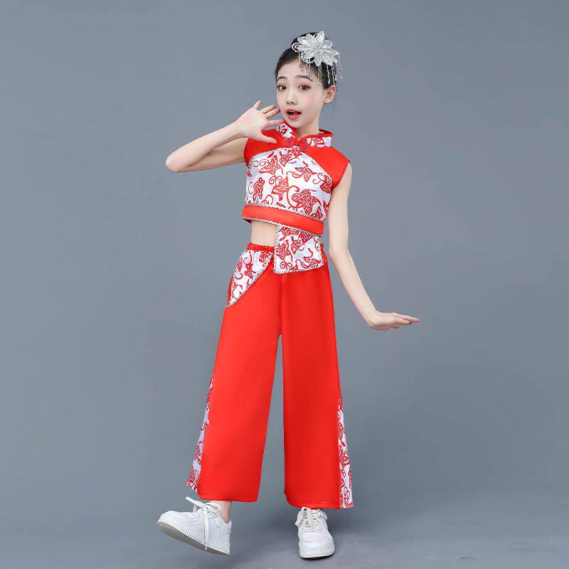 网红款童陕表塞中国演秧打鼓舞儿北演服装安腰鼓女童出服歌蹈