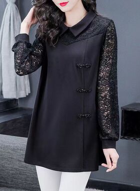 网红款新中长袖衫女0季款大码女装盘扣丝遮显瘦式拼接衬223春新蕾