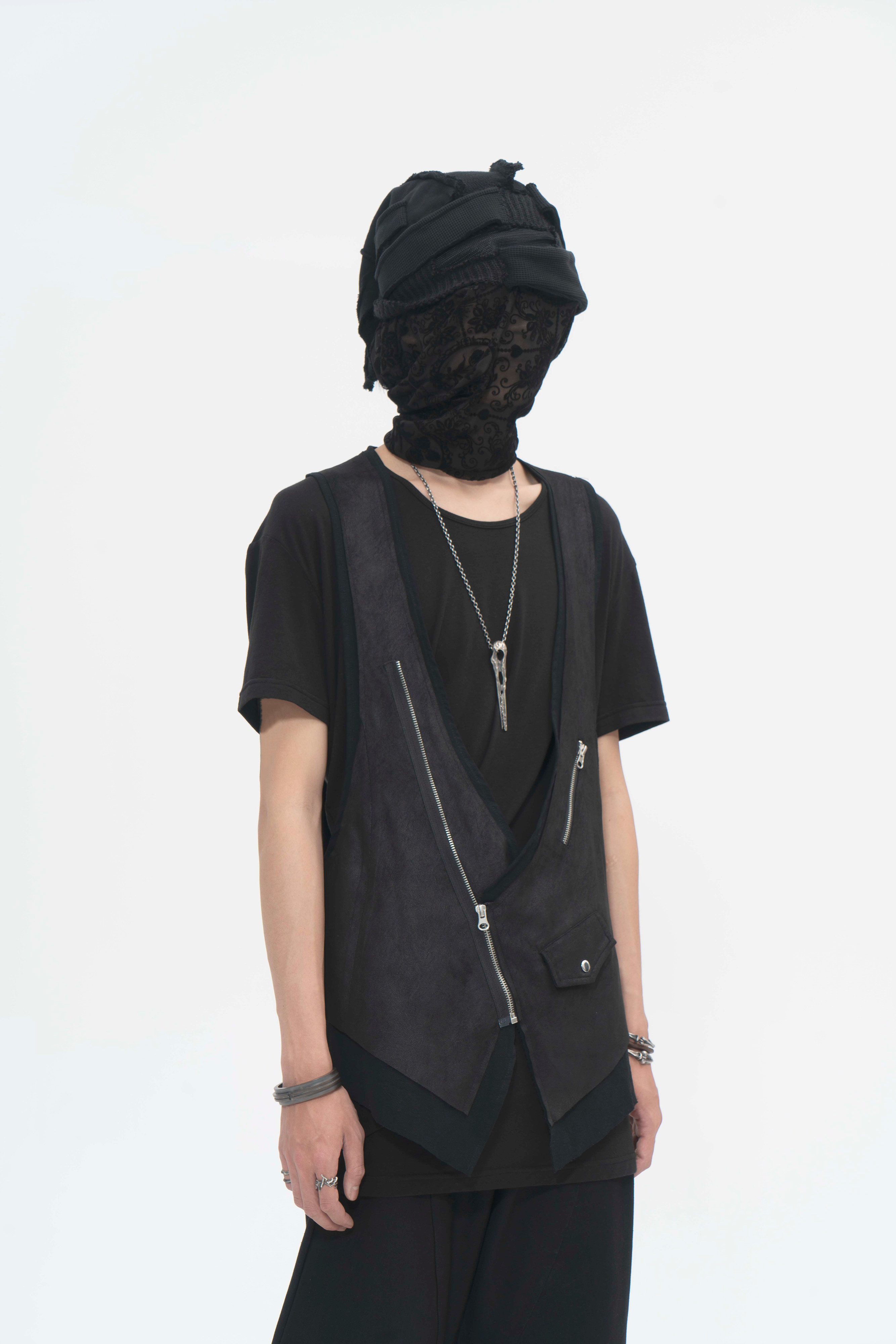 acyclic_无环 麂皮错位拉链马甲 暗黑先锋工匠拉链造型