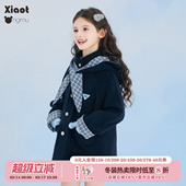 格纹中大童藏青呢子外套 新款 小童木 酷飒学院风女童毛呢大衣冬季