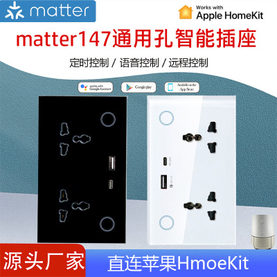 Matter双圆孔插座带USB智能万用断电记忆钢化玻璃通用开关家用