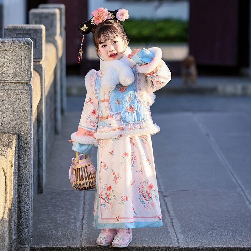 女童格格服冬款加绒加厚女童汉服清代儿童宫廷中式旗袍裙套装