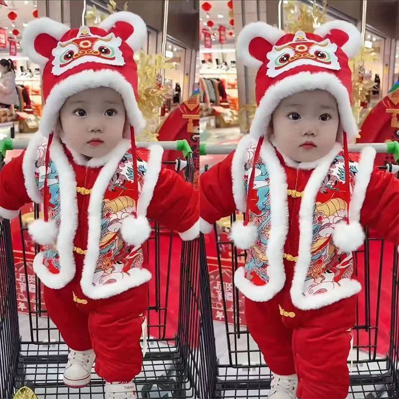 婴儿冬季拜年服加绒加厚连体衣爬服男女宝宝满月抓周喜庆红色过年