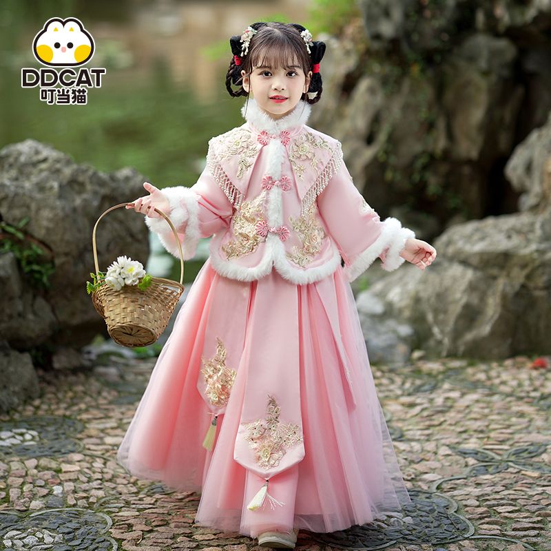 汉服女童冬款加绒儿童古装超仙唐装加厚旗袍女孩拜年服套装冬季