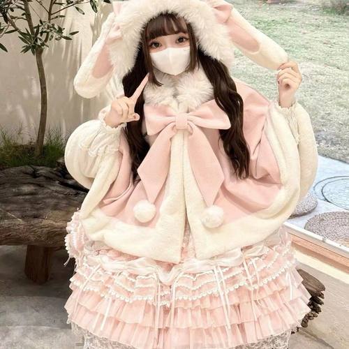 新洛丽塔斗篷带帽子lolita外套百搭保暖少萝外套冬季毛毛可爱外套