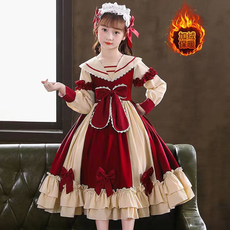 冬季加绒加厚女童洛丽塔公主裙洋气宝宝连衣裙儿童圣诞节礼服裙子