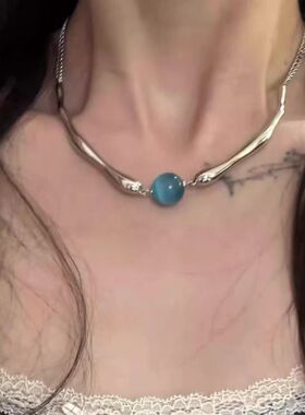 蓝色仿猫眼石金属拼接项链女